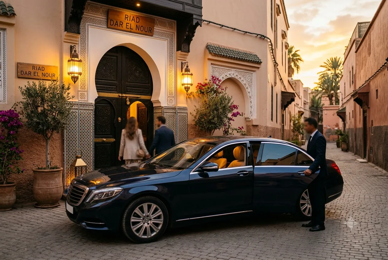 Berline privée devant un riad au crépuscule